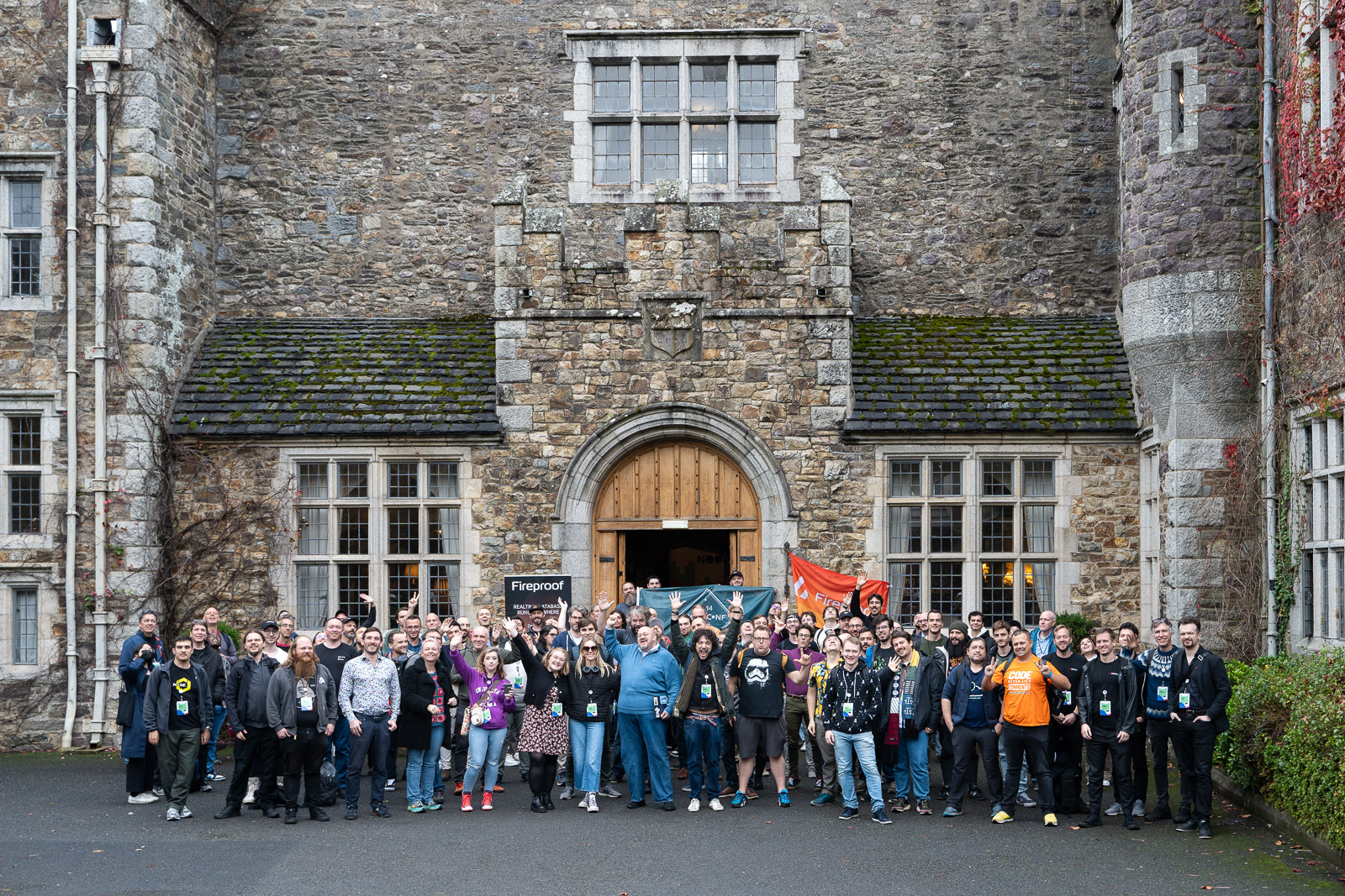 Fireproof went to NodeConfEU. This photo shows conference attendees in front of the Waterford Castle.