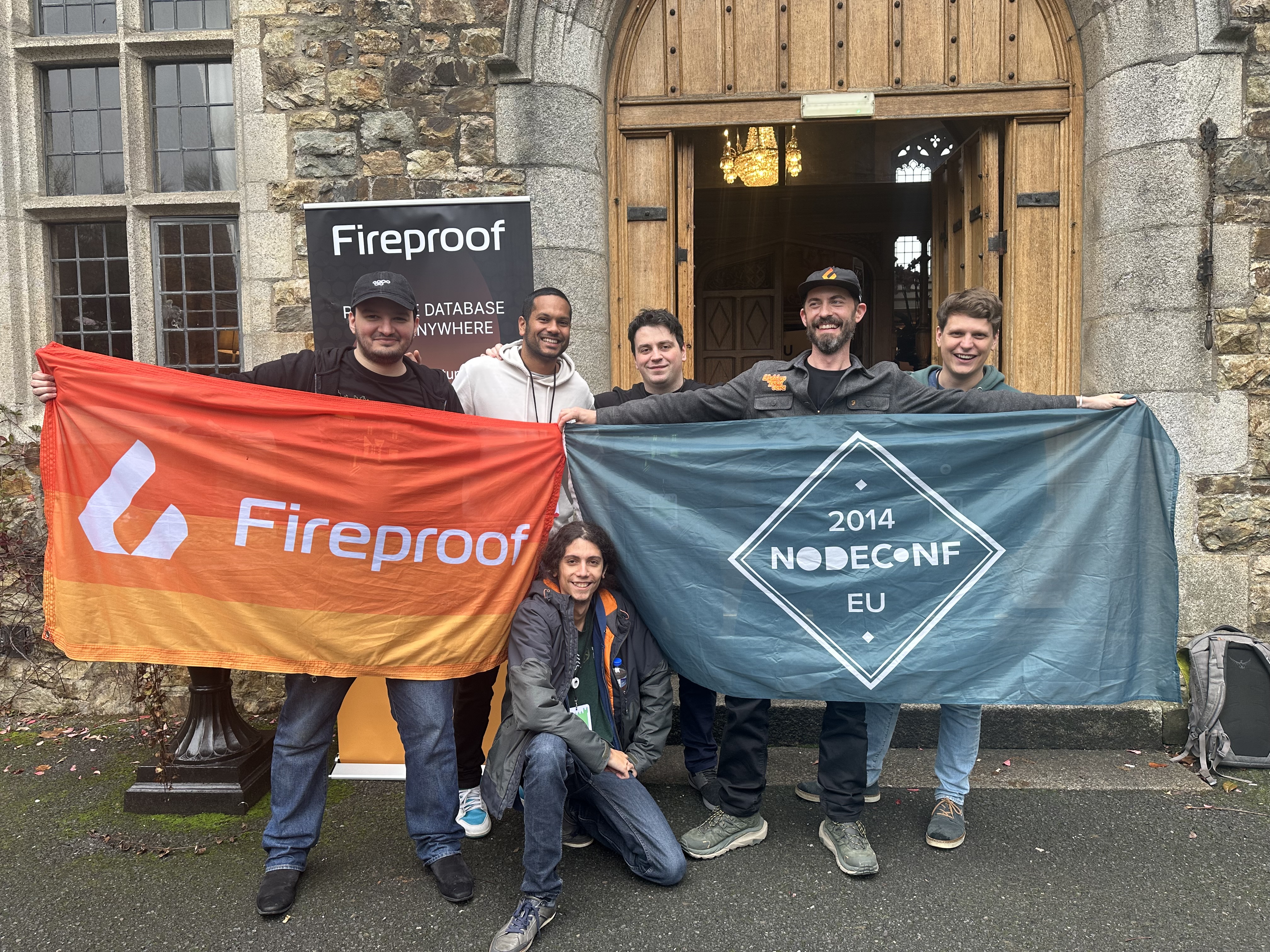 NodeConfEU 2014 flag and Fireproof flag at Waterford Castle in 2024